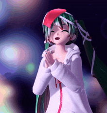 a girl with green hair is wearing a white sweatshirt and a red hat