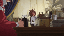 a cartoon drawing of a woman sitting at a desk with a horse behind her