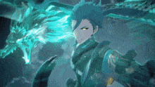 a man with a dragon on his head is standing in front of a dragon