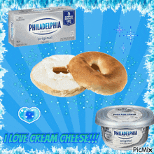 a picture of a bagel and philadelphia cream cheese says i love cream cheese