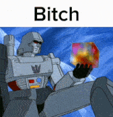 a cartoon of a robot holding a cube that says bitch on the bottom