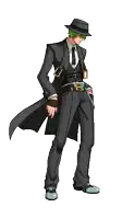 a pixel art drawing of a man in a black suit and hat