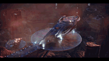 a futuristic ship is flying over a city with a sunset in the background