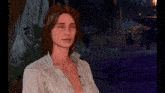 a woman in a white shirt is making a funny face with her eyes closed