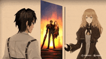 a man and a woman are standing in front of a painting of a demon