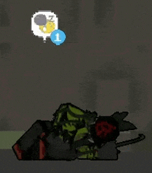 a cartoon character is laying on the ground in a dark room with a balloon flying in the air .
