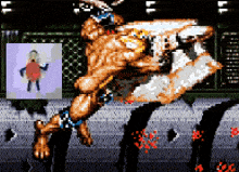 a pixel art of a man jumping in the air with a picture of a woman in the background .