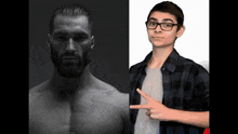a shirtless man with a beard is next to a man with glasses