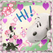 a picture of snoopy saying hi with hearts and flowers
