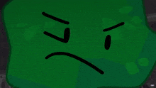 a green cartoon face with a big smile and a purple mouth