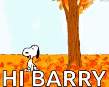 a cartoon of snoopy standing next to a tree with the words hi barry above him