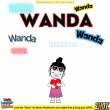 a cartoon character is surrounded by hearts with the name wanda on the top