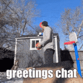 a man holding a basketball in front of a basketball hoop with greetings chat written on the bottom