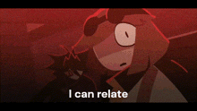 a cartoon character is standing in a dark room with the words `` i can relate '' written below him .