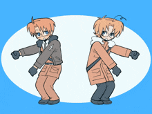 two cartoon characters are standing next to each other with their arms outstretched on a blue background