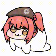 a cartoon girl with pink hair and a hat is sitting on a white surface .