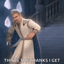 a man in a white robe is holding a sword and says `` this is the thanks i get '' while dancing .