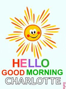 a cartoon sun with a smiling face and the words `` hello good morning charlotte ''