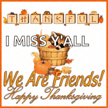 a thanksgiving greeting card with a raccoon in a basket and the words " i miss y'all we are friends "