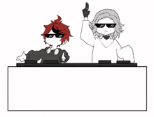 a cartoon of two people wearing sunglasses sitting at a table