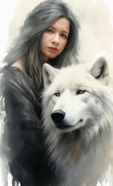 a painting of a woman holding a wolf