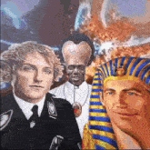 a group of men standing next to each other with one wearing a pharaoh hat .
