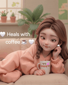 a girl is laying on a couch with a cup of coffee and the words heals with coffee