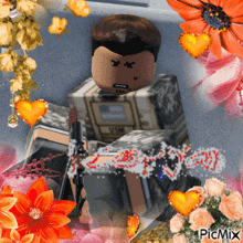 a picture of a man holding a gun with flowers and hearts around him and the words picmix on the bottom