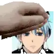 a hand is touching a boy 's head in a pixel art .
