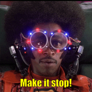 a man wearing goggles that say make it stop on the bottom