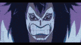 a close up of a cartoon character 's face with a purple background and the word " warrior " on the bottom
