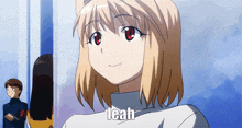 a blonde anime girl with red eyes and the name leah written on her shirt