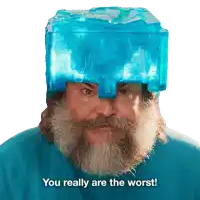a man with a beard wearing a blue helmet with the words you really are the worst
