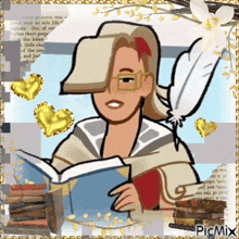 a cartoon drawing of a woman reading a book with a feather on her head