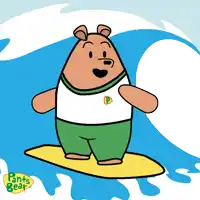 a cartoon of a bear riding a wave on a surfboard with pants bear written on the bottom