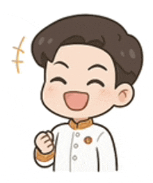 a cartoon of a boy in a white coat making a fist .