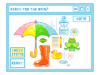a pixel art illustration of a rainbow colored umbrella a frog a rubber boot and other items