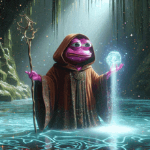 a purple frog in a hooded robe is holding a wand in a cave