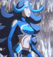 a cartoon character with long blue hair is wearing a blue outfit