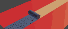 a blue cylinder with geometric shapes on it is rolling down a red and blue striped surface