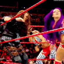 a woman with purple hair is standing in a wrestling ring .