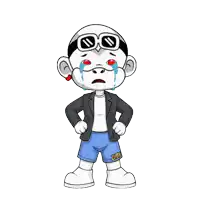 a cartoon character wearing a jacket and shorts with the word zhot on the bottom
