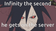 a cartoon of a man with red eyes and the words " infinity the second he gets on the server " .