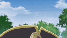 a cartoon drawing of a man wearing a hat with a blue sky in the background
