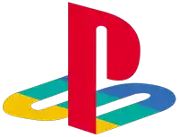 a red playstation logo with a blue yellow and green stripe