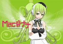 a girl with green hair is standing in front of a green background that says mac on it