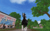 a woman riding a black horse in front of a pink house