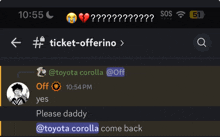 a screenshot of a toyota corolla come back message on a phone