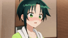 a girl with green hair and a white towel on her neck