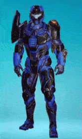 a man in a blue and black armor with a shield